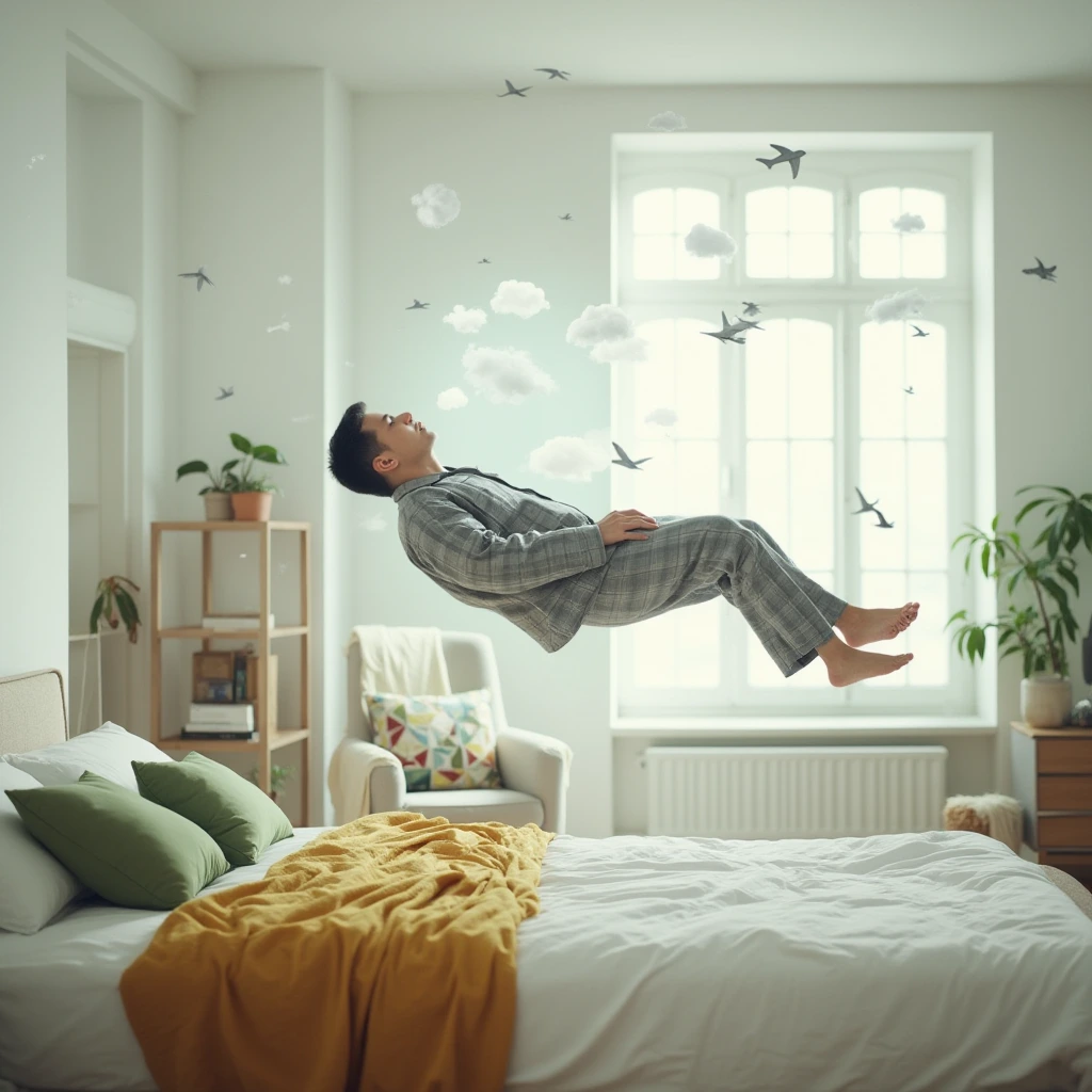 A surreal image of a modern, well-lit bedroom full of white clouds floating with birds and small aircraft with a man levitating horizontally above a bed. The man wearing a gray plaid pajama, and appears to be in a deep sleep or relaxed state, with his eyes closed. while the rest of his body is suspended in the air. 
The bed below him has a white, slightly disheveled sheet, with a mustard yellow blanket partially draped over the side. There are two pillows on the bed, one green and another with a colorful geometric pattern. 
In the background, a cozy upholstered chair with a white blanket draped over it is visible. To the left, there is an open shelf with books and decorative objects, and a potted plant on a dresser. The room is softly lit by natural light coming through a large window, illuminating the serene yet mysterious scene. The walls are light-colored, likely white or a very pale shade, which enhances the focus on the levitating man and the soft-toned elements in the room. The overall atmosphere is calm and serene, with the levitation adding a dreamlike, slightly unsettling contrast.