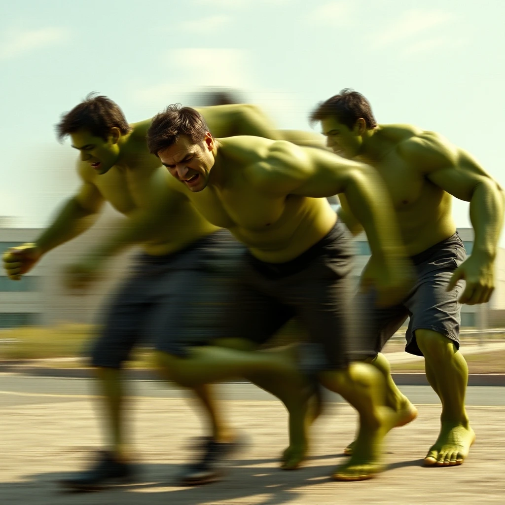 A 10 exposure photography scene in deferent positions capturing Mark Ruffalo turns to a massive Hulk with pain and screeming with sound waves effects. The image shows several layers of the transformation in different stages of a flowing Mark Ruffalo move, blending together with blurred transitions. Each layer highlights different points in the movement, from a man till he become the Hulk, creating a sense of fluidity, control, and power. The overlapping layers give the composition a dynamic and abstract quality, emphasizing the energy and pain and massive power of the Hulk.