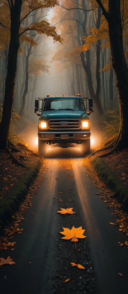 Astrophotography of a foggy tunnel formed by the intertwined and tangled branches of tall trees, with a truck speeding through the scene, kicking up a trail of autumn leaves from the road. The atmosphere is mystical with a soft, ethereal light filtering through the fog. The headlights of the car cast beams through the fog, creating a sense of movement and speed. Stars flicker faintly through the gaps in the trees, adding a cosmic, dreamy element to the otherwise eerie forest setting. cinematic, epic realism,8K, highly detailed