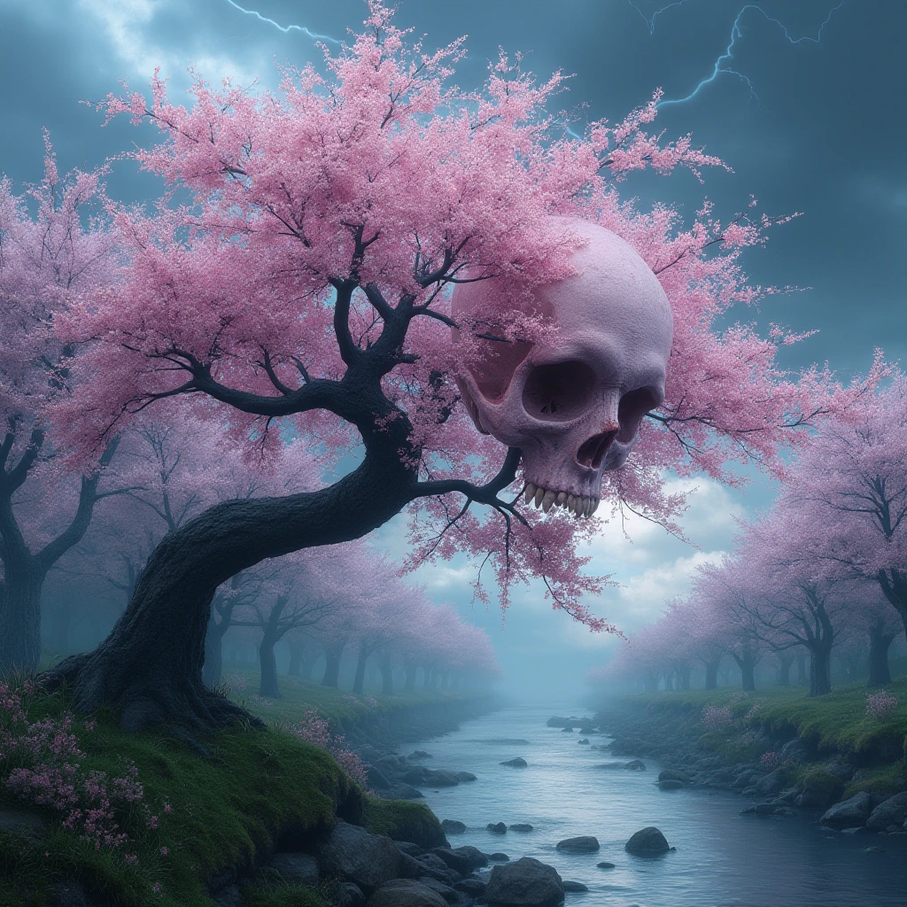 Generate a high-resolution, photorealistic image of a beautiful cherry tree in full bloom by a stream in a thunderstorm. The arrangement of windswept blossoms and boughs against the stormy sky creates the illusion of something that seems to resemble a haunting visage, something like a demonic skull appearing and disappearing as the branches are blown by swirling winds
, hyper-detailed, rendered in 8k resolution.