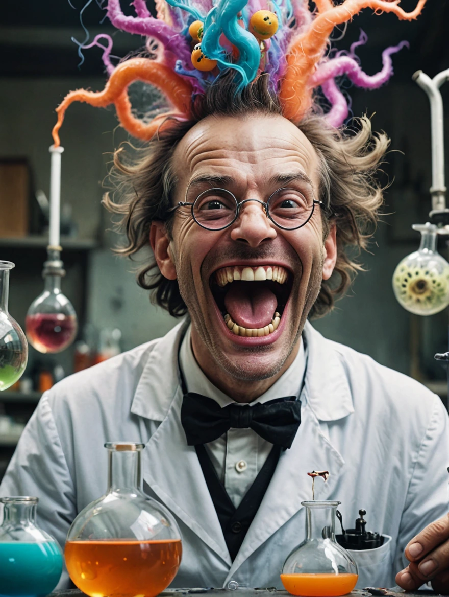 A mad scientist is laughing in joy at his monstrous creation spooky vibe, surrealist style, fantastical, magical, unexpected, super detail, dreamy lo-fi photography, colorful