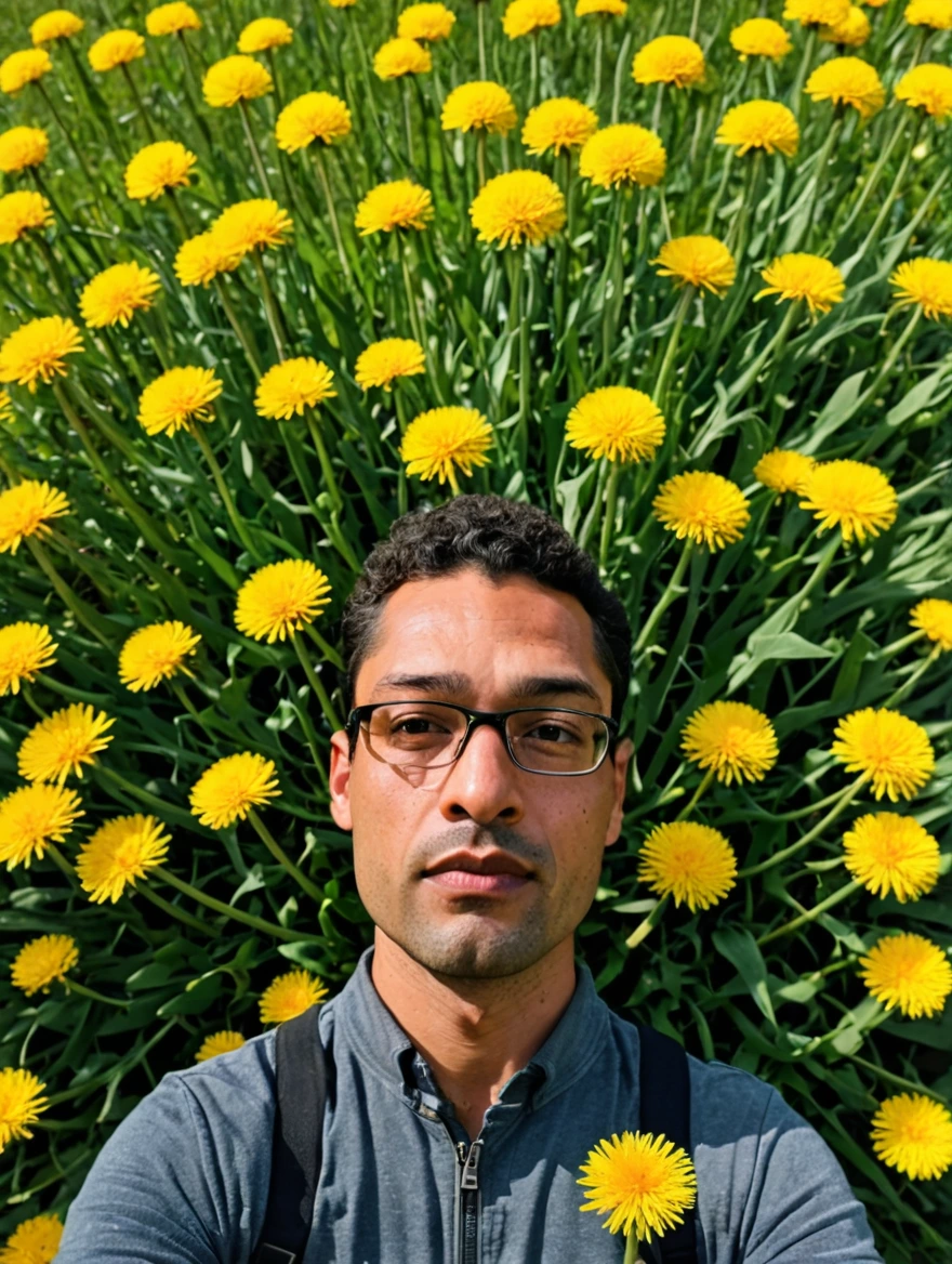 tiny man standing under a giant dandelion