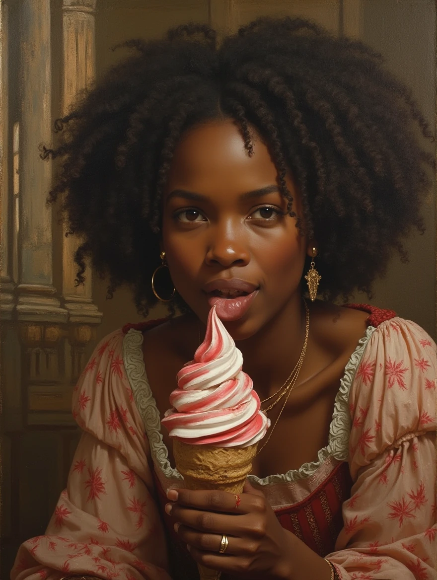 Create a painting portrait of an African American woman in renaissance style eating an ice cream medieval castle