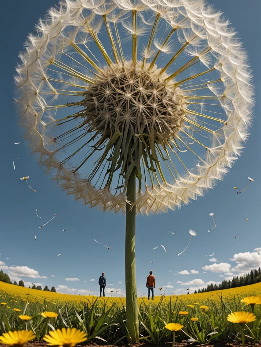 tiny man standing under a giant dandelion