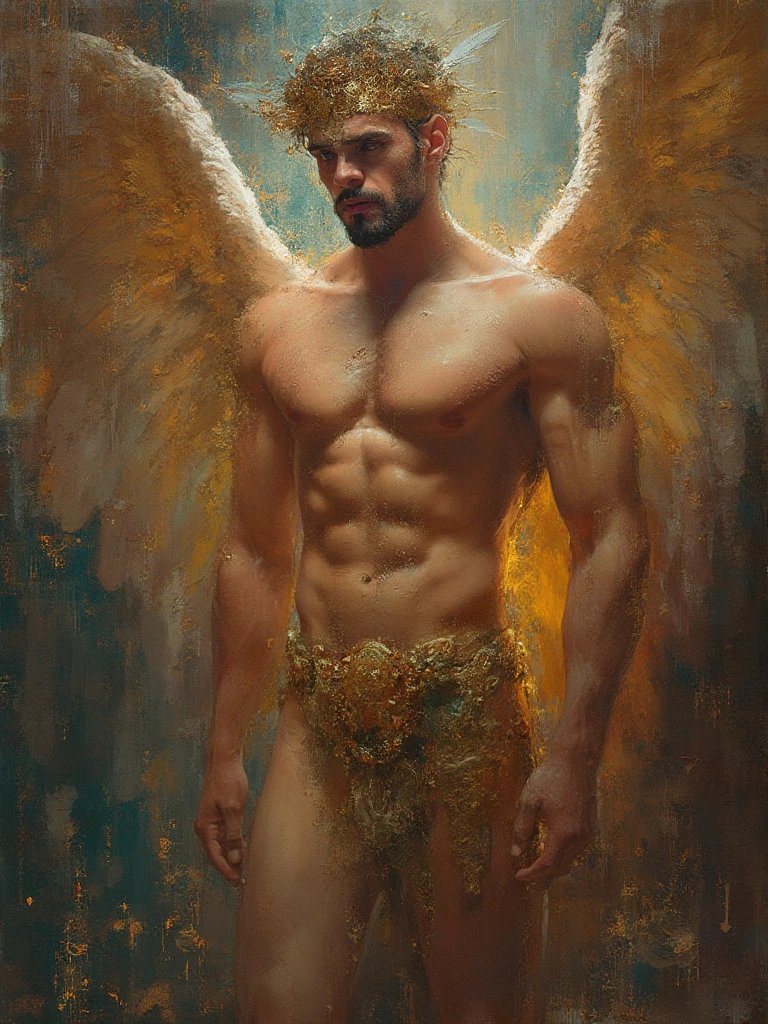 Regal angelical whimsical shirtless muscle male figures with a attractive expression, flanked by intricate flurry patterns and rich textures, painted with vibrant colors that seem to glow, creating a sense of depth and movement. The brushstrokes are precise and delicate, enhancing the ethereal attractive atmosphere of the scene. Bright highlights and deep shadows play together to emphasize the volumetric virile composition of the painting, drawing the viewer's eye towards the centered figure with an almost otherworldly presence.