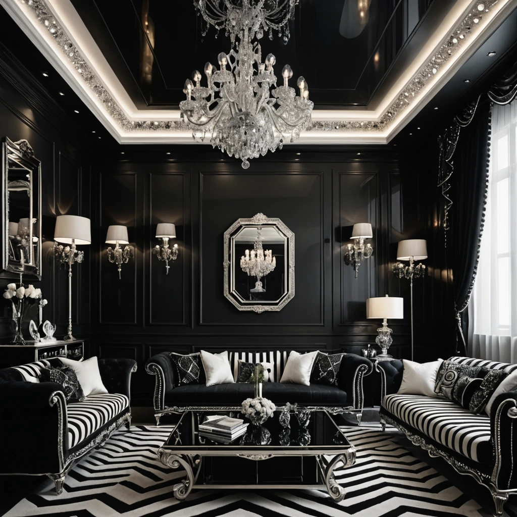 Interior full of rhinestone, striped black and white luxurious living room