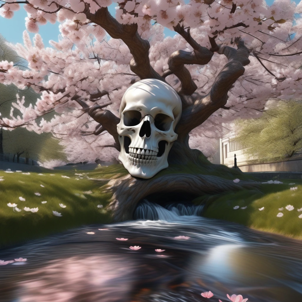 Generate a high-resolution, photorealistic image of a beautiful cherry tree in full bloom by a stream. The arrangement of windswept blossoms and boughs seems to hint at a demonic skull, as though through double exposure
, rendered in 8k resolution. In the style of Andy Goldsworthy and MC Escher