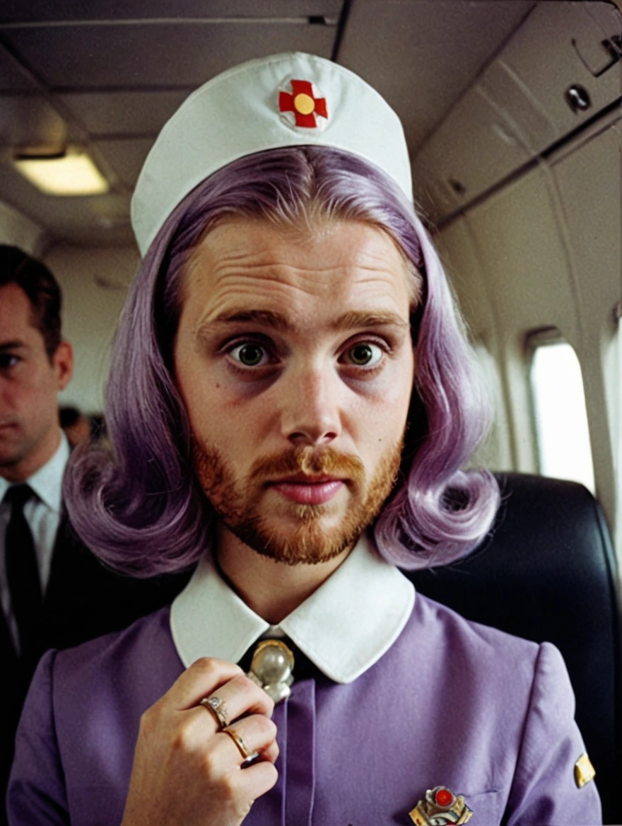 1960s horror stewardess with pastel purple hair