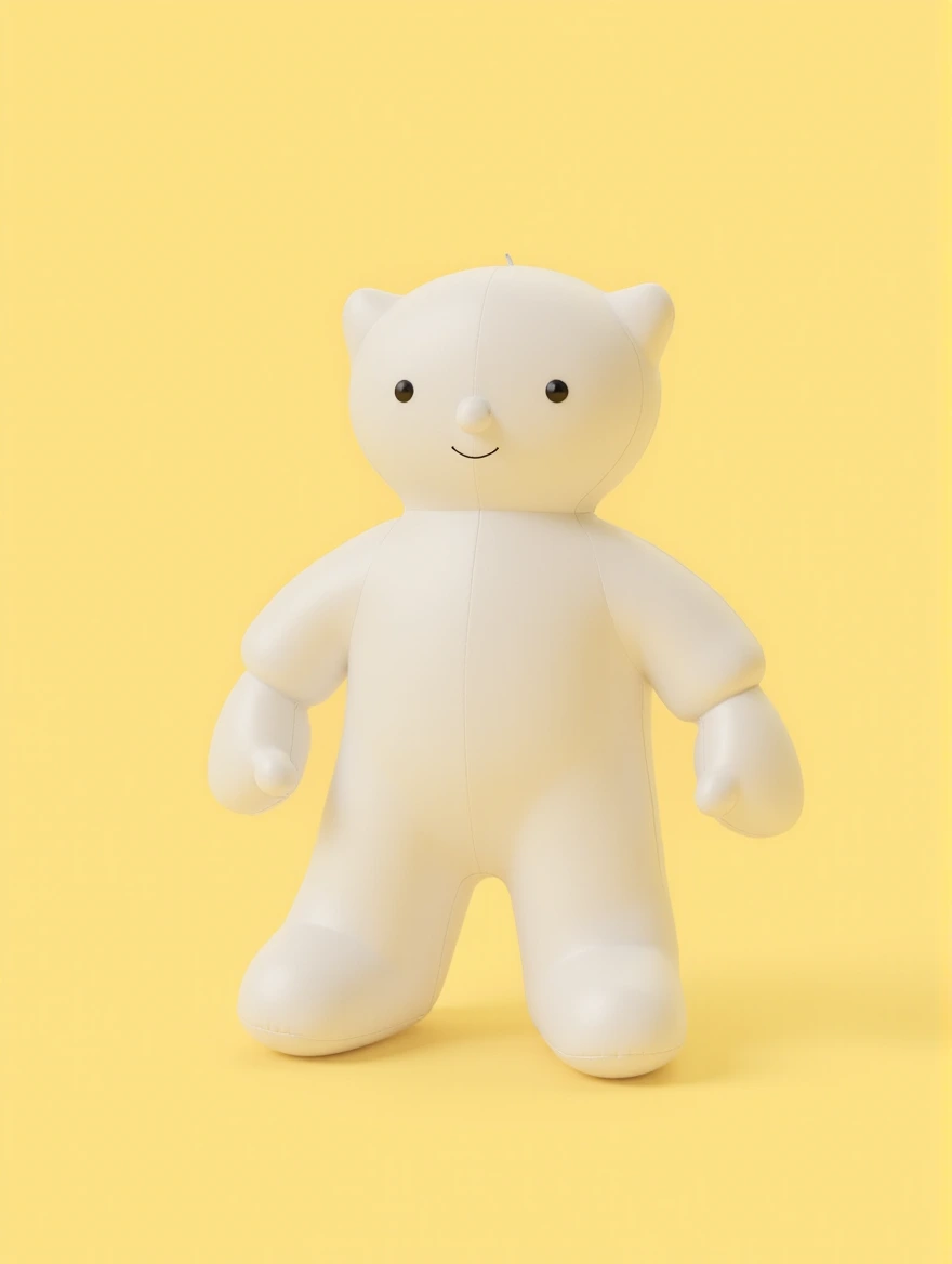 inflatable doll, Plush doll art, Light yellow background, Soft colors, 3D characters, minimalist, cartoonish