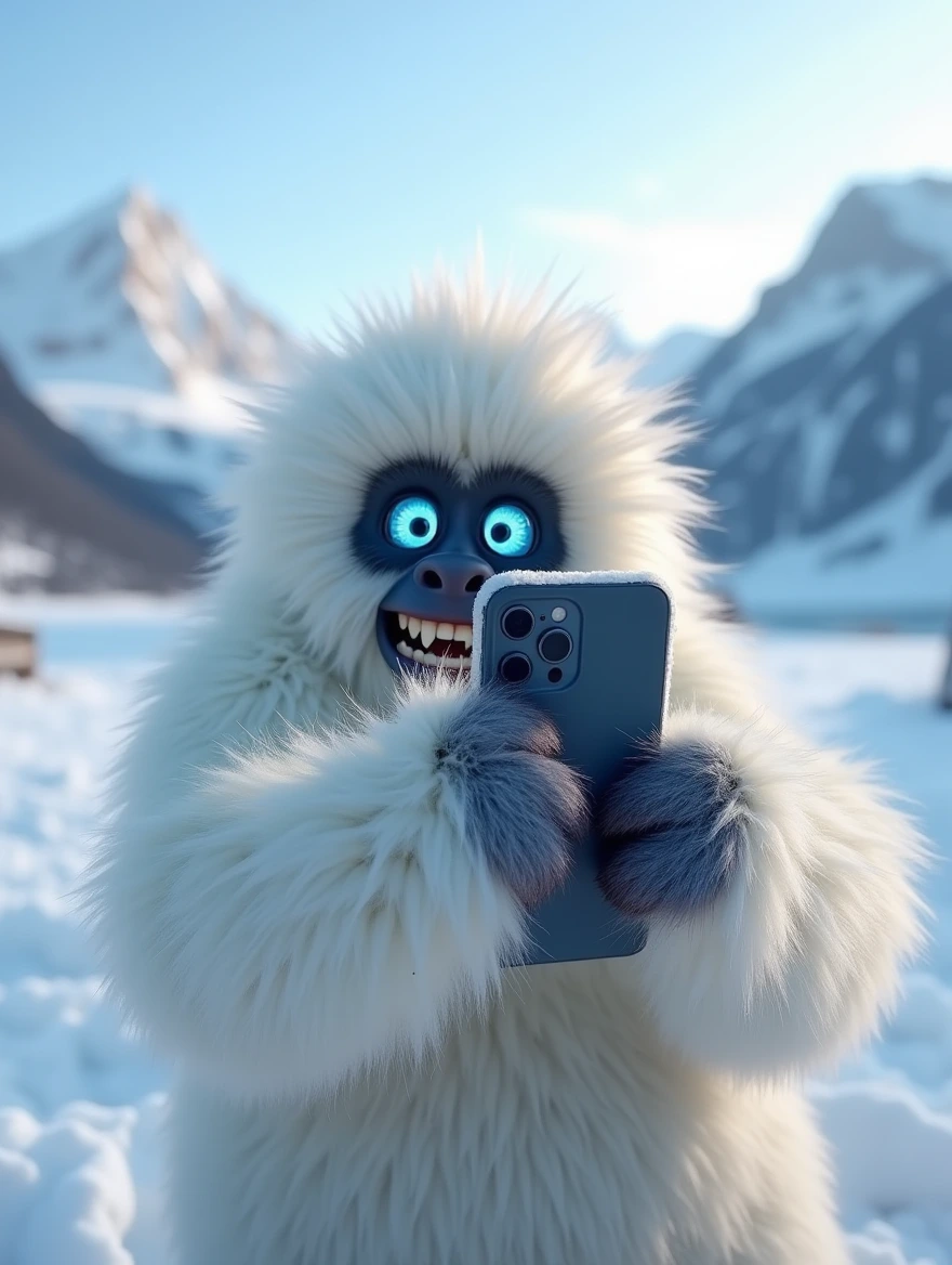 A fluffy yeti with ta sparkling blue eyes takes a selfie on a found  cell phone.  His grin is wide. Snow capped mountains can be seen in the background