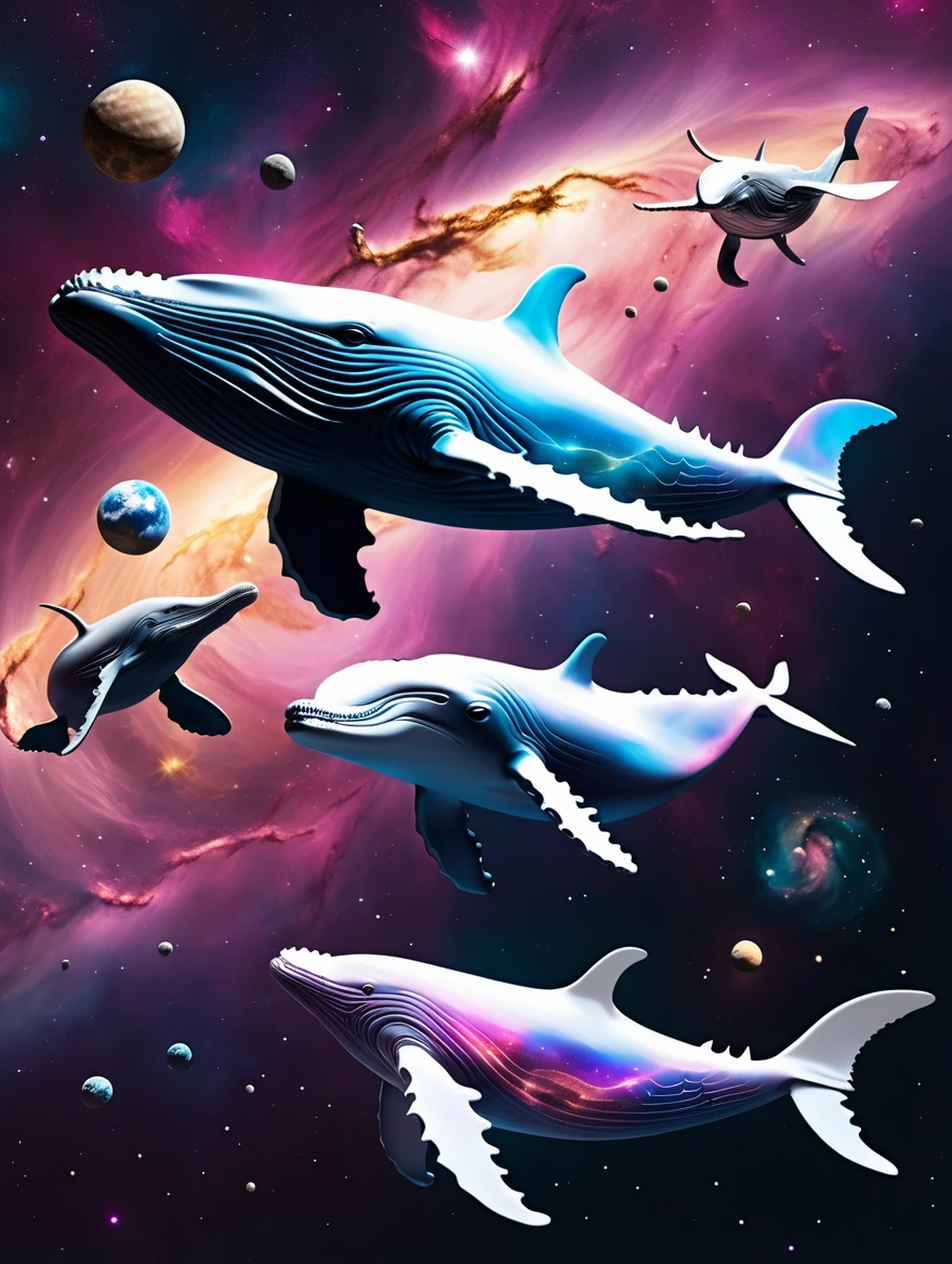 Create a digital sculpture of a beautiful Humpback whales swimming around in space. using AI technology, inspired by [albino white, dusty rose, and gold]. In deep dark space with a background of a vibrant Nebula.