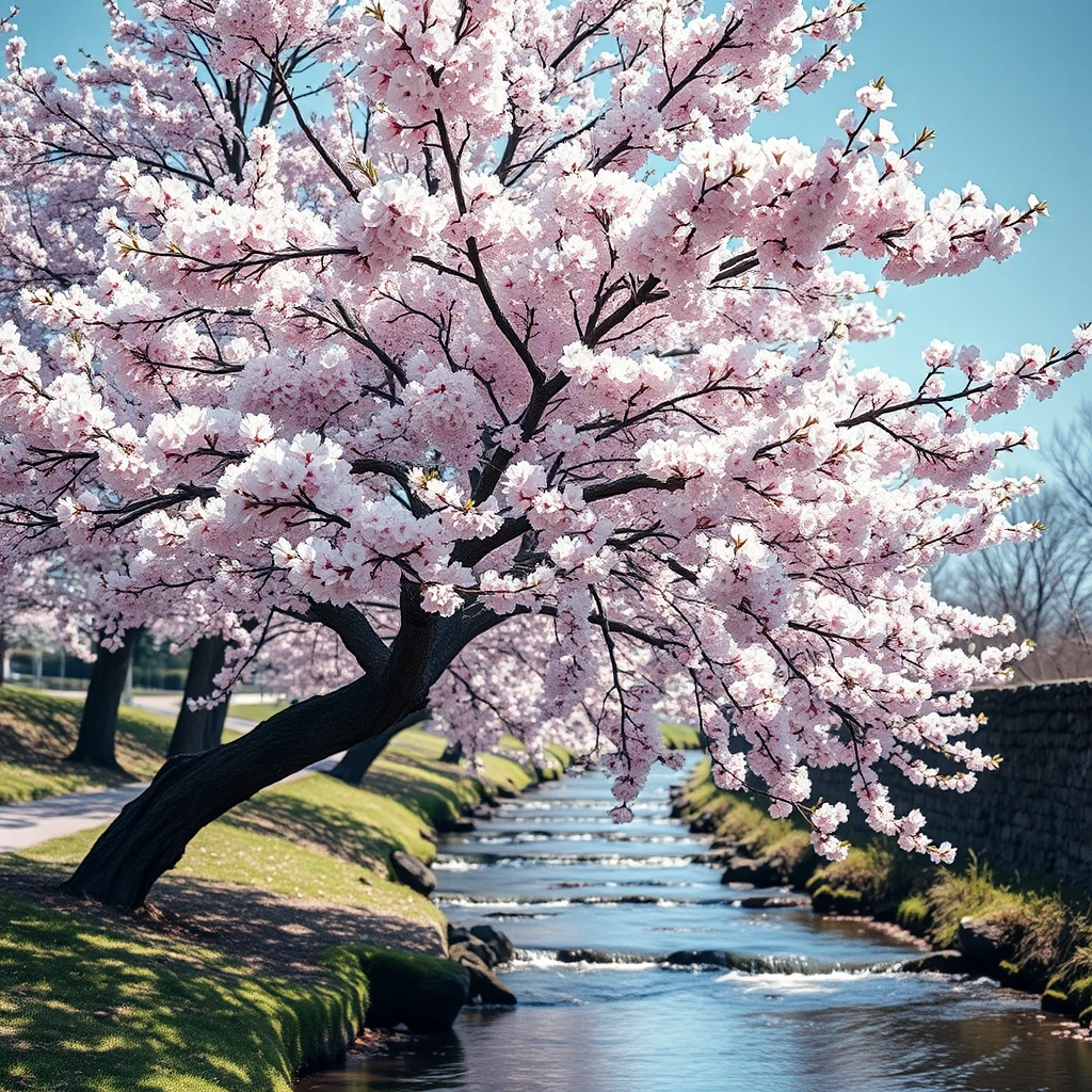 Generate a high-resolution, photorealistic image of a beautiful cherry tree in full bloom by a stream.
The illusion of a skull appears to be formed by the arrangement of windswept blossoms and boughs, as though through double exposure
, rendered in 8k resolution. In the style of Andy Goldsworthy and MC Escher