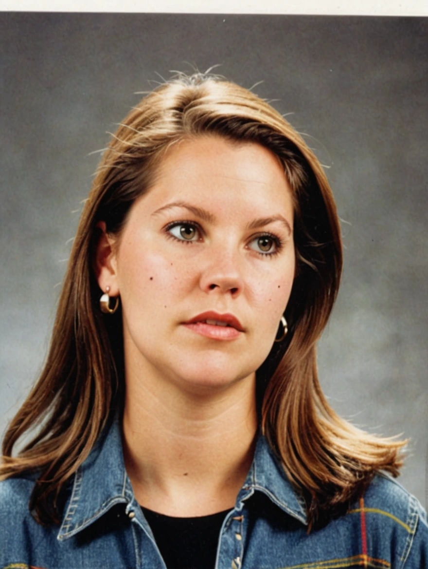 A 1993 yearbook photo of female high school student, plaid, jeans, hairspray, mini-skirts