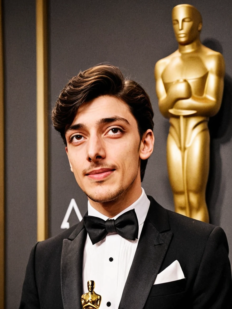 Man wearing a tuxedo winning an Oscar