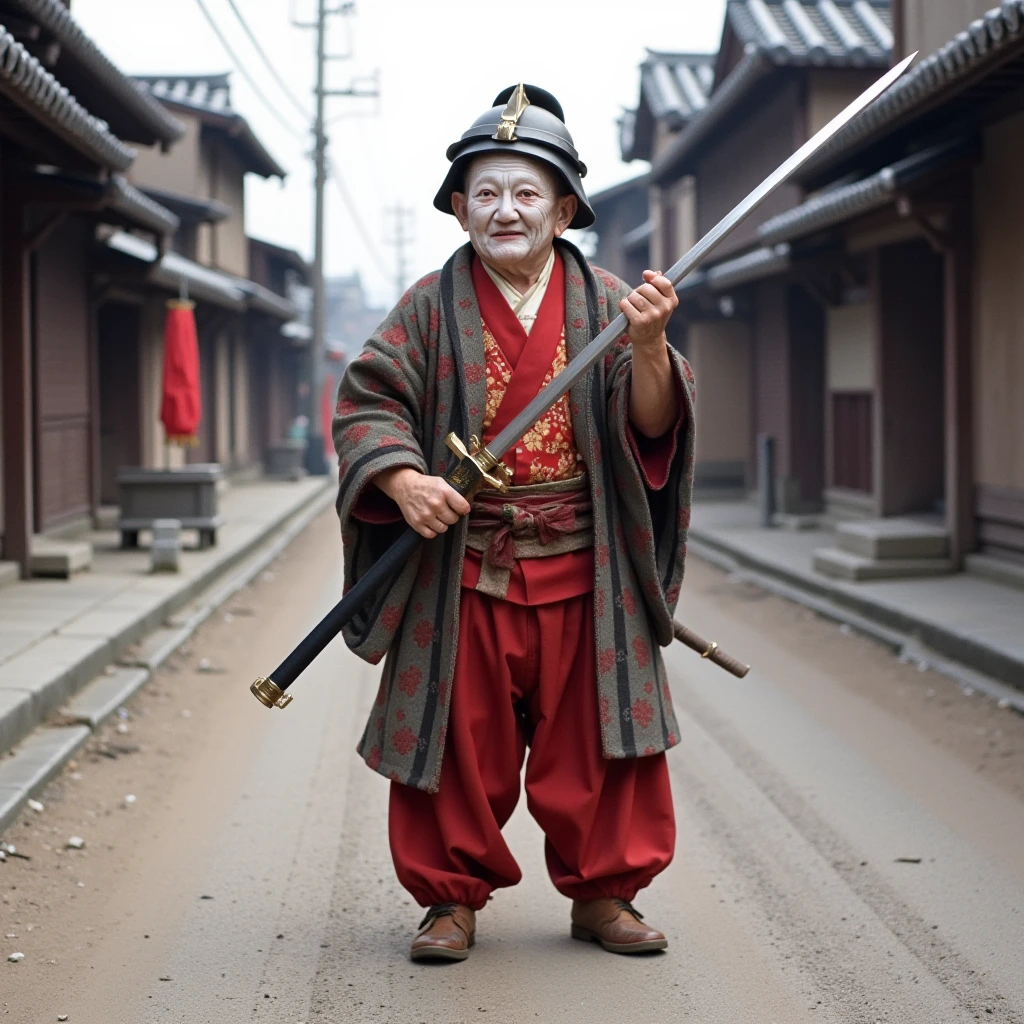 A very old, small, authentic, and easily identifiable Billy Barty dressed as a Geisha, with a ridiculous amount of white pancake makeup on his face sloppy thin painted eyebrows, and deep red sloppily applied lipstick, wearing a Samurai helmet and holding onto and dragging a sword longer than he is tall, in a sparse 19th century Japanese village street, highly absurd