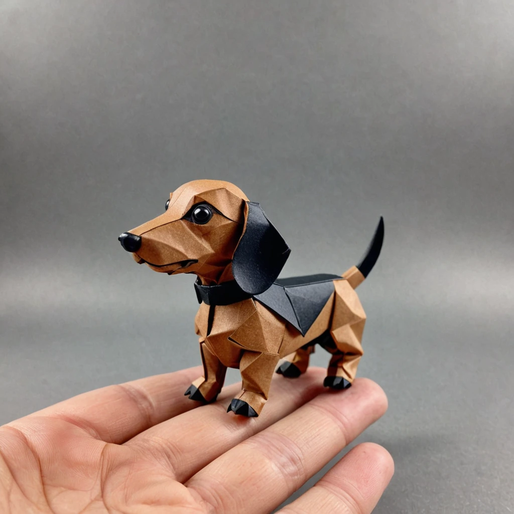 Brown and black origami miniature dachshund