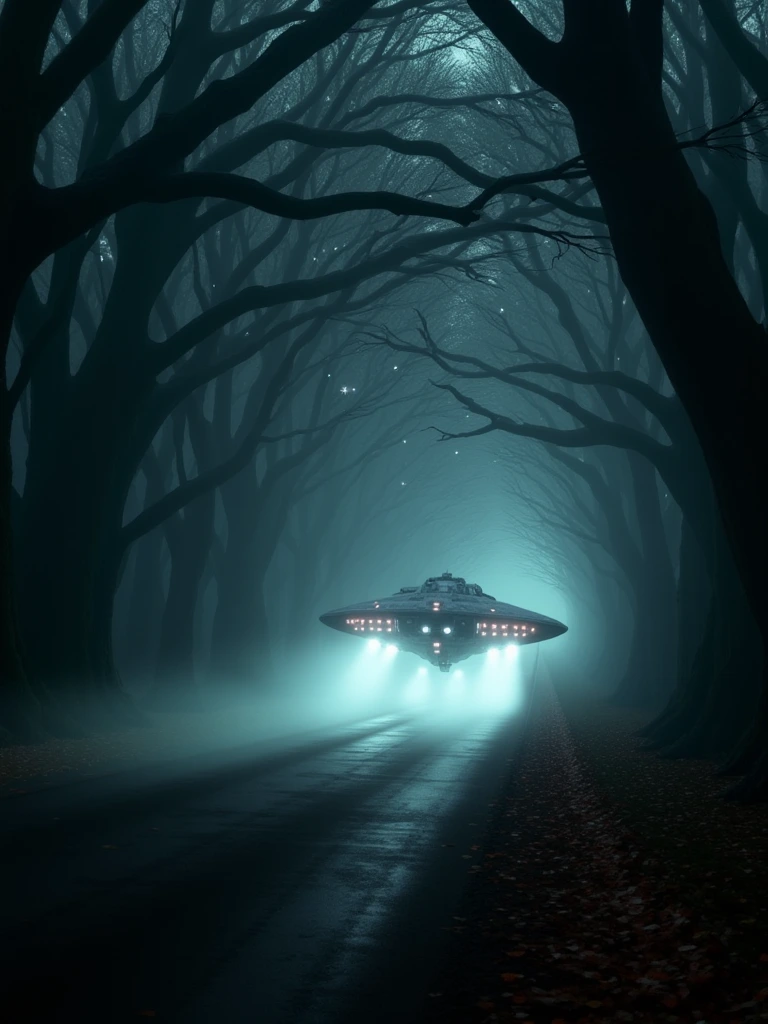 An astrophotograph of a foggy tunnel formed by intermingled and tangled branches of tall trees, with an aliens UFO spaceship on the road, zooming through the scene, kicking up a trail of autumn leaves from the road. The atmosphere is mystical with soft, ethereal light filtering through the fog. The spaceship's numerous lights headlights cast beams through the mist, creating a sense of motion and speed. Stars faintly twinkle through gaps in the trees, adding a cosmic, dreamy element to the otherwise eerie, woodland setting. Surrealistic image of alien spaceship on the road. Well lit