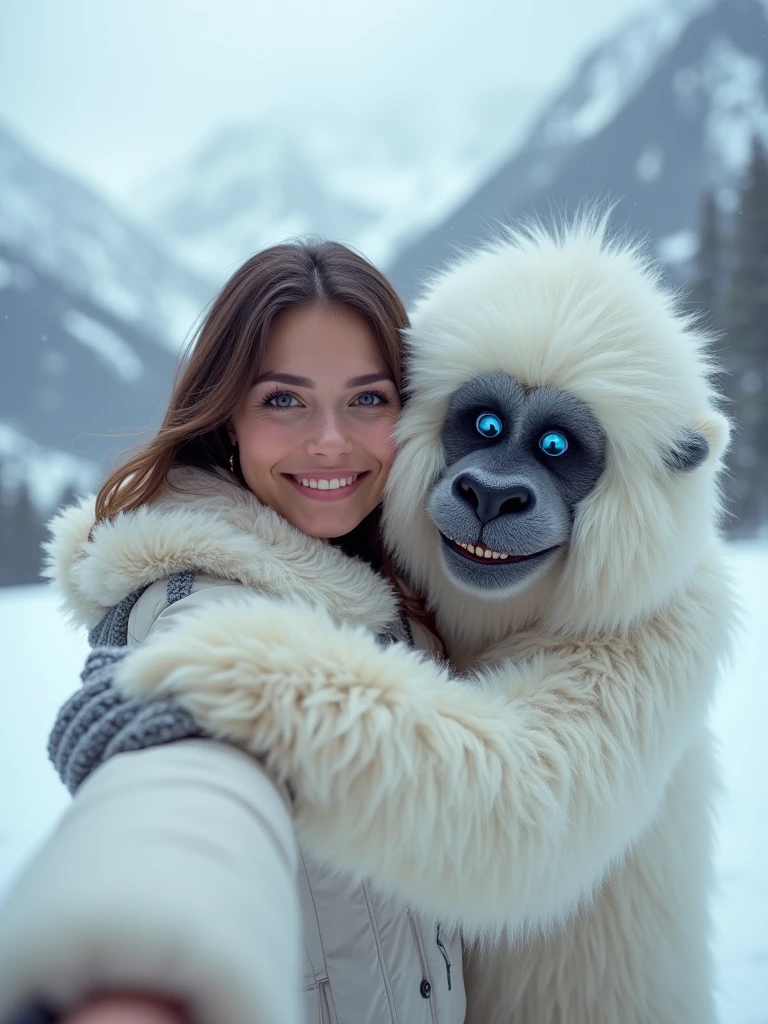 A beautiful brunette woman posing elegantly for a selfie, unexpectedly embraced from behind by an exceptionally fluffy and friendly Yeti with sparkling blue eyes. They both smile warmly, capturing a moment of unlikely connection and joy in a serene snowy mountain setting. High resolution, soft natural lighting, enchanting atmosphere.