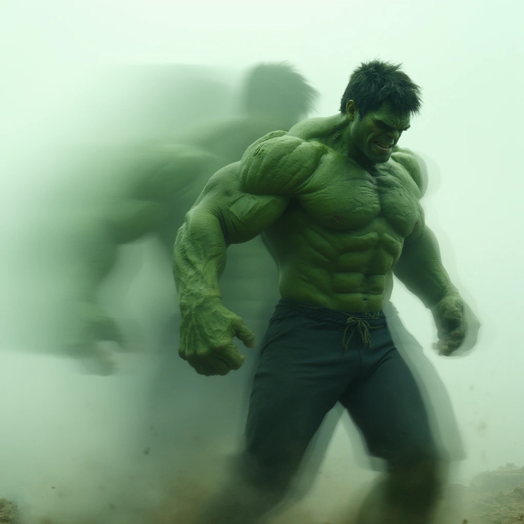 A multiple exposure photography scene in deferent positions capturing Mark Ruffalo and Halk, Mark Ruffalo turns to a massive Hulk with pain and screeming with sound waves effects. The image shows several layers of the transformation in different stages of a flowing Mark Ruffalo move, blending together with blurred transitions. Each layer highlights different points in the movement, from a man till he become the Hulk, creating a sense of fluidity, control, and power. The overlapping layers give the composition a dynamic and abstract quality, emphasizing the energy and pain and massive power of the Hulk.