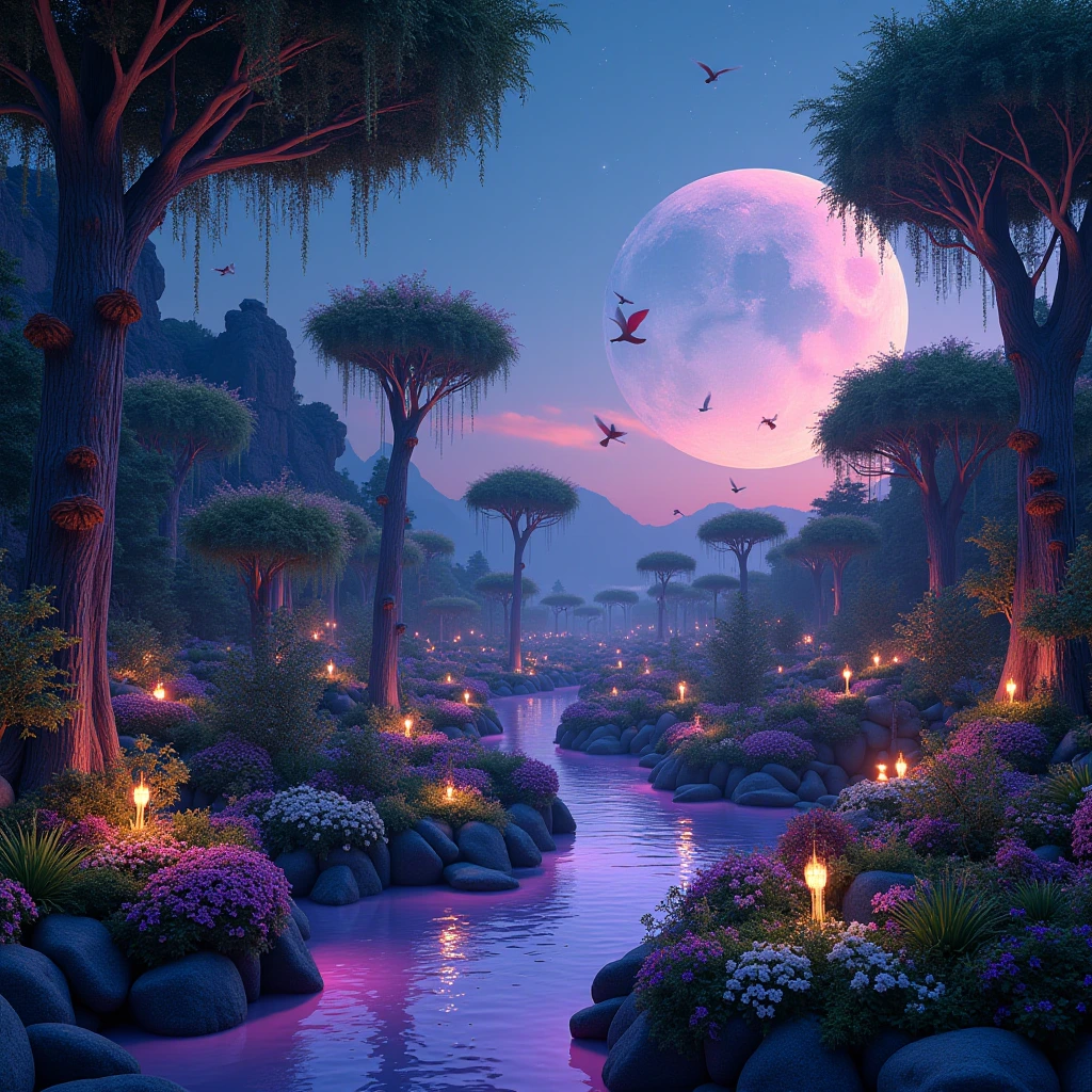 A galactic prayer garden at dusk, filled with bioluminescent plants that have more petal numbers than on earth, glowing in different colors, doves and owls with unusual colors flying around huge planets and moons. The whole scene is alluring, with gardens hanging from gravity holes and bridges made of stardust, this surreal scene is captured in high resolution.