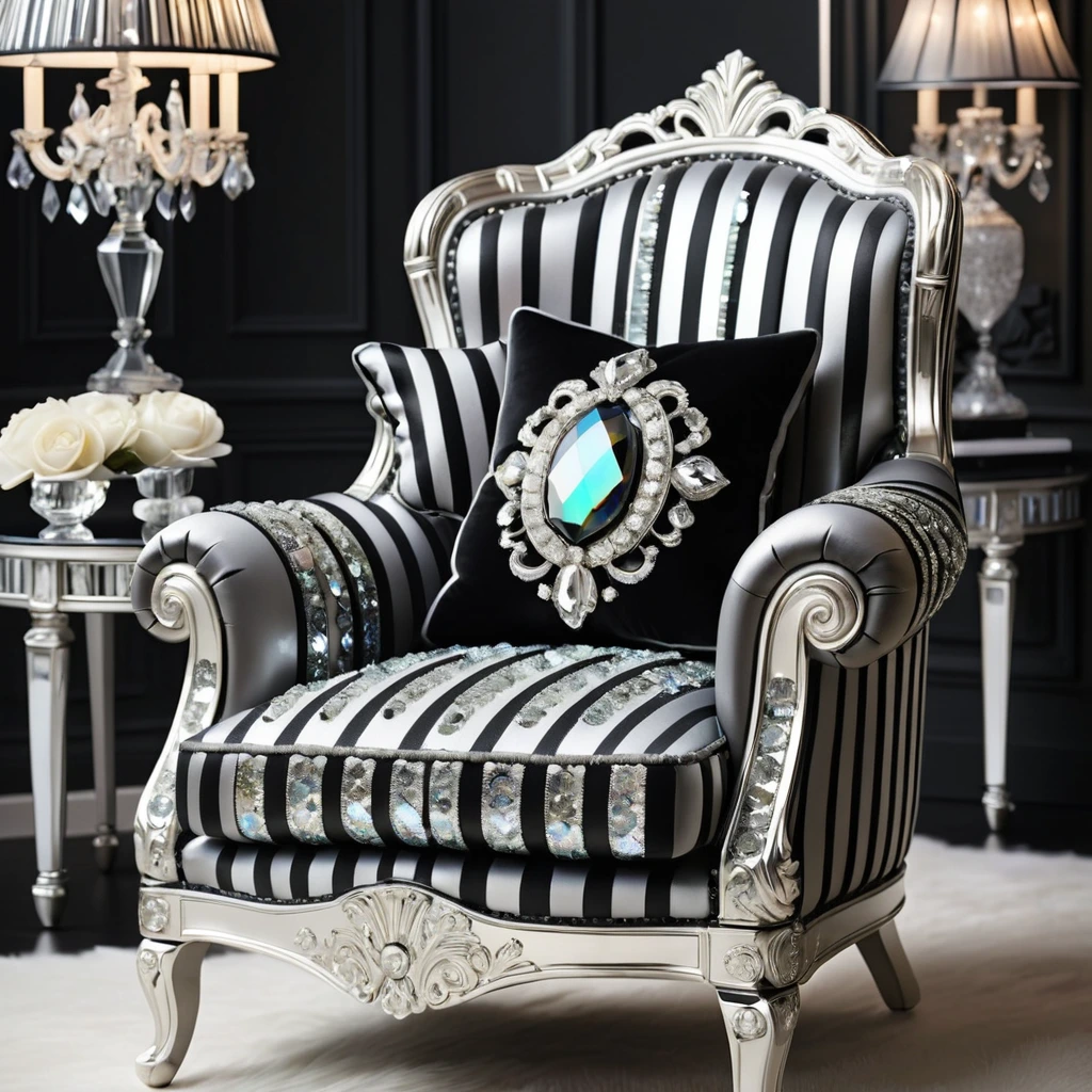 A luxurious black and white striped living room interior featuring a close-up view of a chair adorned with shimmering crystalline opal rhinestones, creating an elegant and glamorous atmosphere with a touch of opulence and extravagance. The intricate details of the rhinestones sparkle and reflect light, adding a chic and sophisticated flair to the room.