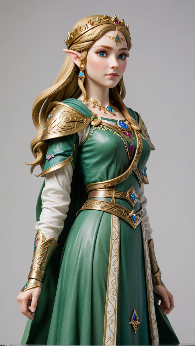 A life-sized Princess Zelda figurine with elaborate sculpted details and lifelike painted features, delicately posed on a marble pedestal against a pristine white backdrop. The expertly directed lighting highlights every curve and shadow, enhancing the rich, vibrant colors and breathing life into this hyper-realistic portrayal.