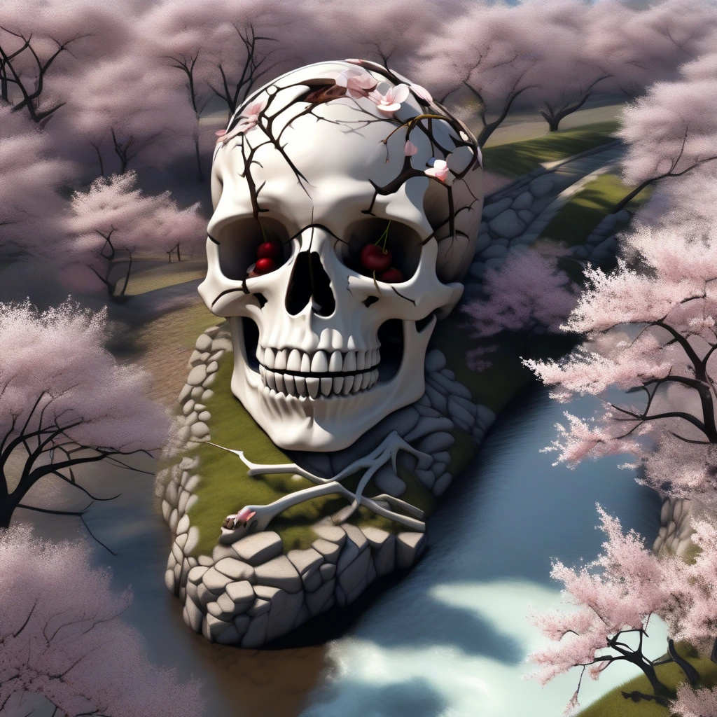 Generate a high-resolution, photorealistic image of a beautiful cherry tree in full bloom by a stream. The arrangement of windswept blossoms and boughs seems to hint at a demonic skull, as though through double exposure
, rendered in 8k resolution. In the style of Andy Goldsworthy and MC Escher