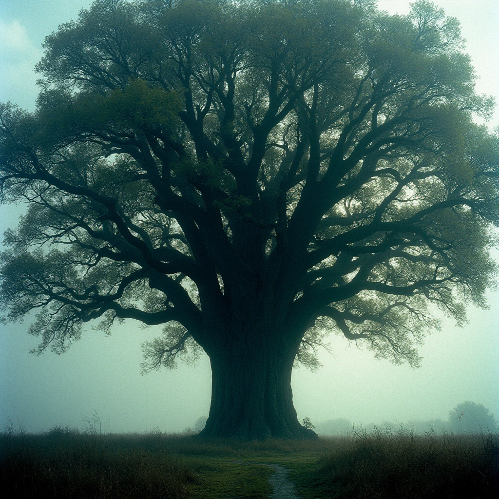 A towering ancient oak tree viewed from a distance, its vast windswept canopy creating an eerie illusion. The interplay of light creates a haunting visage, with shifting shadows and natural gaps in the leaves forming the intricate features of the spectral face. The subtle trompe l'oeil effect enhances the hyperrealistic depiction, captured in accurate detail on ektachrome film. Dark shadows add depth to the scene, creating a photorealistic and immersive experience.