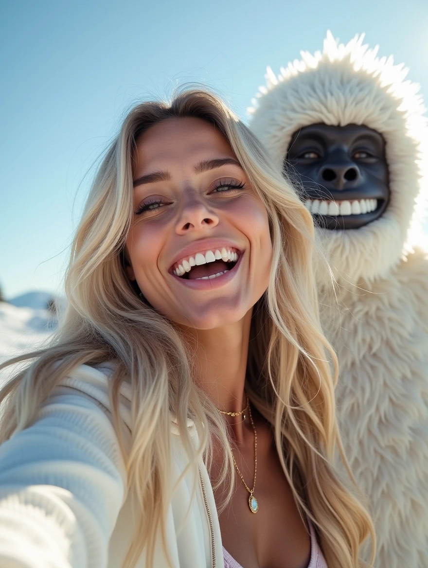 Blonde woman photobombed by a Yeti while taking a selfie