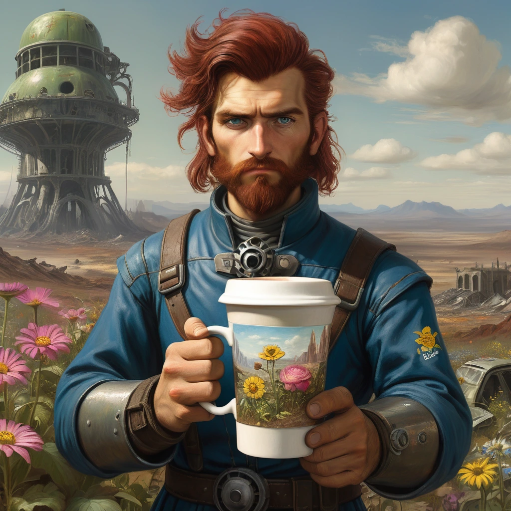 Pre-Raphaelite painting of A flowerpunk detailed coffee cup being held by character from Fallout 3, looking over apocalyptic wasteland, in the style of John Everett Millais