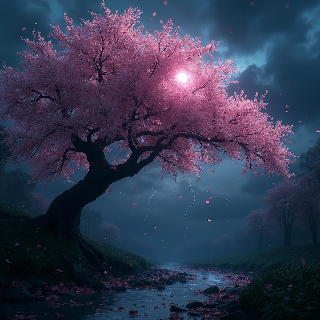 Generate a high-resolution, photorealistic image of a beautiful cherry tree in full bloom by a stream in a thunderstorm, petals floating and covering the surrounding ground. The arrangement of windswept blossoms and boughs against the stormy sky creates the illusion of a haunting visage in the canopy, perhaps a demonic skull-like shape formed by flash lighting on the blossoms as the branches are blown by strong swirling winds.
, hyper-detailed, night, rendered in 8k resolution.