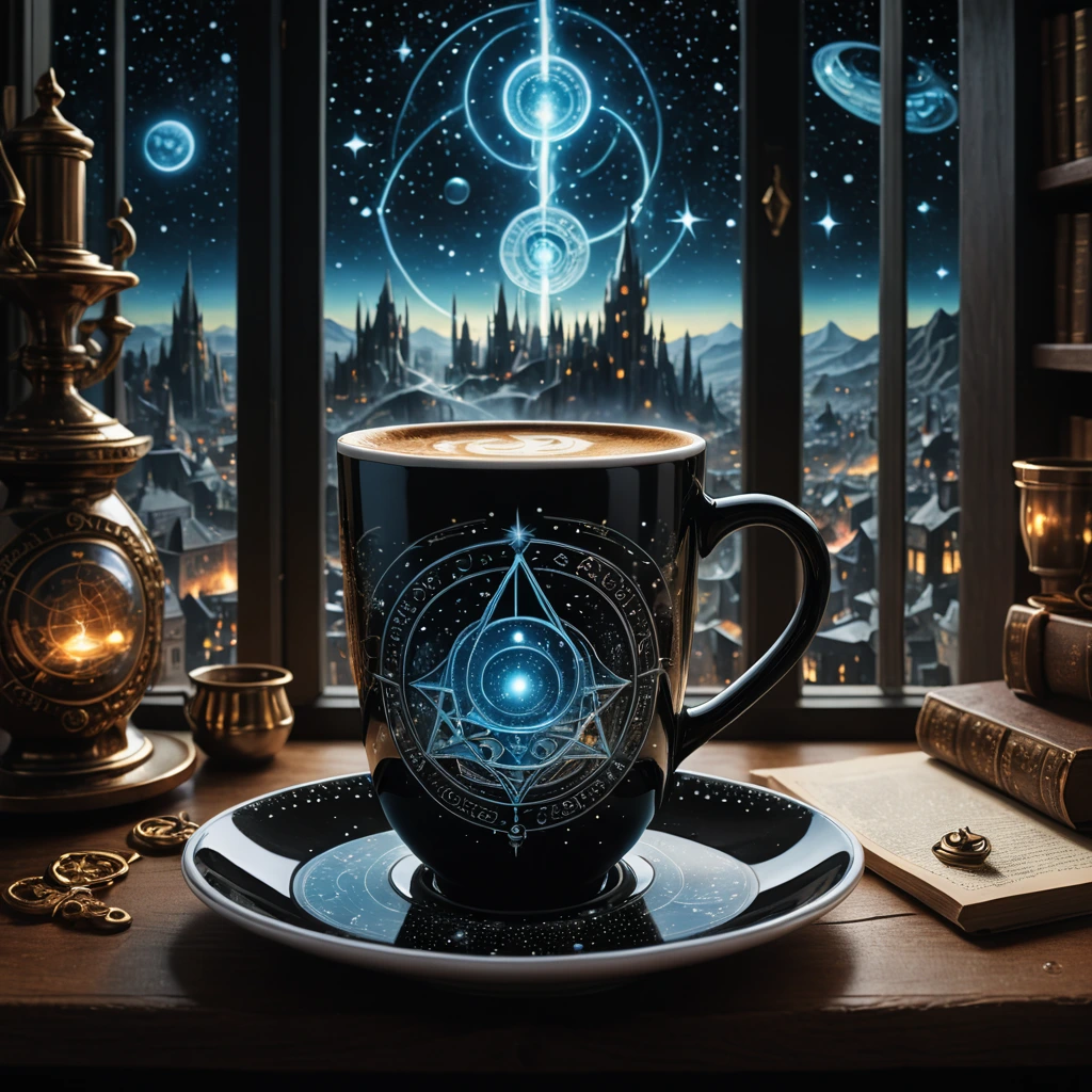 A detailed coffee cup by a window overlooks an wizard's techno-alchemical study, featuring futuristic and fantasy elements. The background is black, dotted with stars.