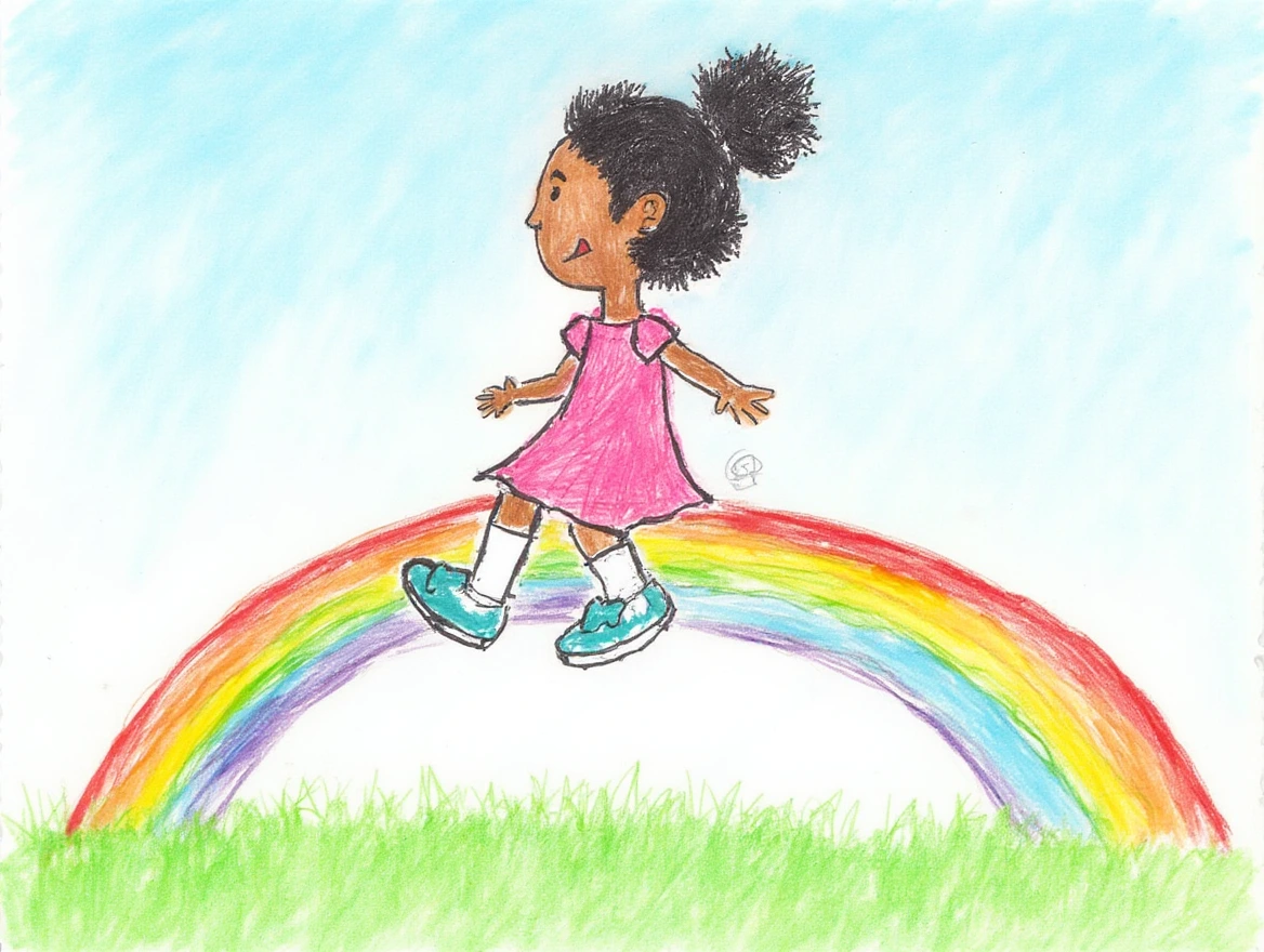 Child's crayon drawing, a African American girl in a pink dress, white socks and tiffany blue shoes riding on a rainbow, blue sky, summer, below the rainbow a boundless field of summer meadow, childish, heavy outlines, 16 count crayon set, white paper, amateur, no perspective, immature artist, preschool artwork, badly proportioned, extremely heavy outlines, crooked rough lines, in the style of a toddler, simple geometric shapes, primitive variation on Charles Schultz