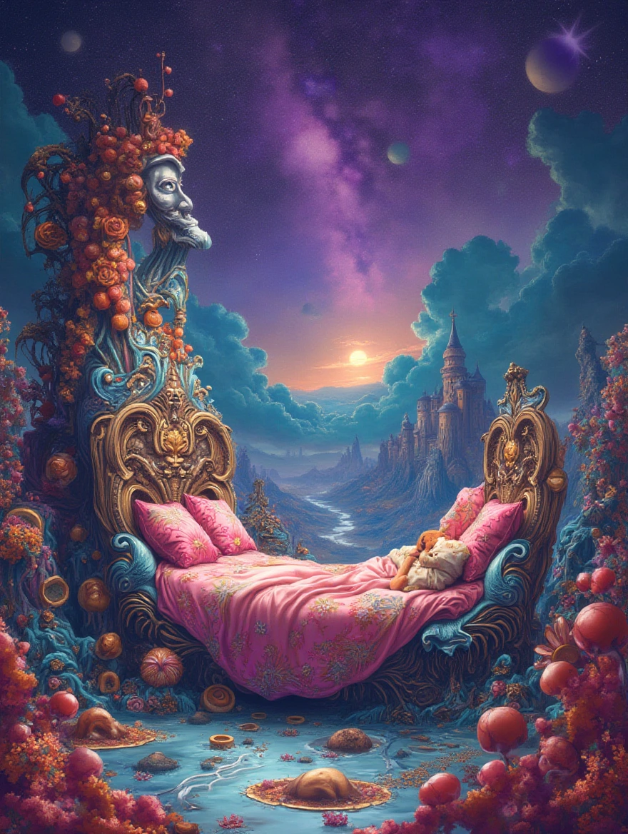 An otherworldly landscape inspired by Salvador Dali's surreal style, where a whimsical bed is placed under a starry purple sky,a painting of a woman's face with a city in the background, fantasy drawing made of fractals, colorful melting human head lying a throne in a fantasy land, portrait of a dreamer, depicted as a 3 d render, side profile artwork, psytrance, featured on twisted  dripping heart designs surrounded by bizarre and dreamlike scenery.