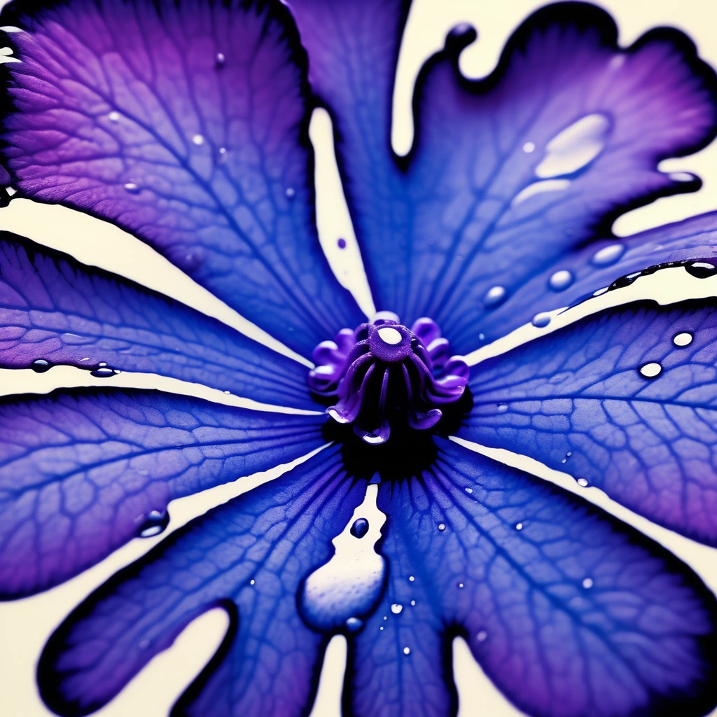 Splashing purple liquid, close-up, violets, macro photo focus on splashing purple on the violet petal, in the style of Robert Crumb, Stanley George Miller, and Arnulf Rainer. Cyanotype photo