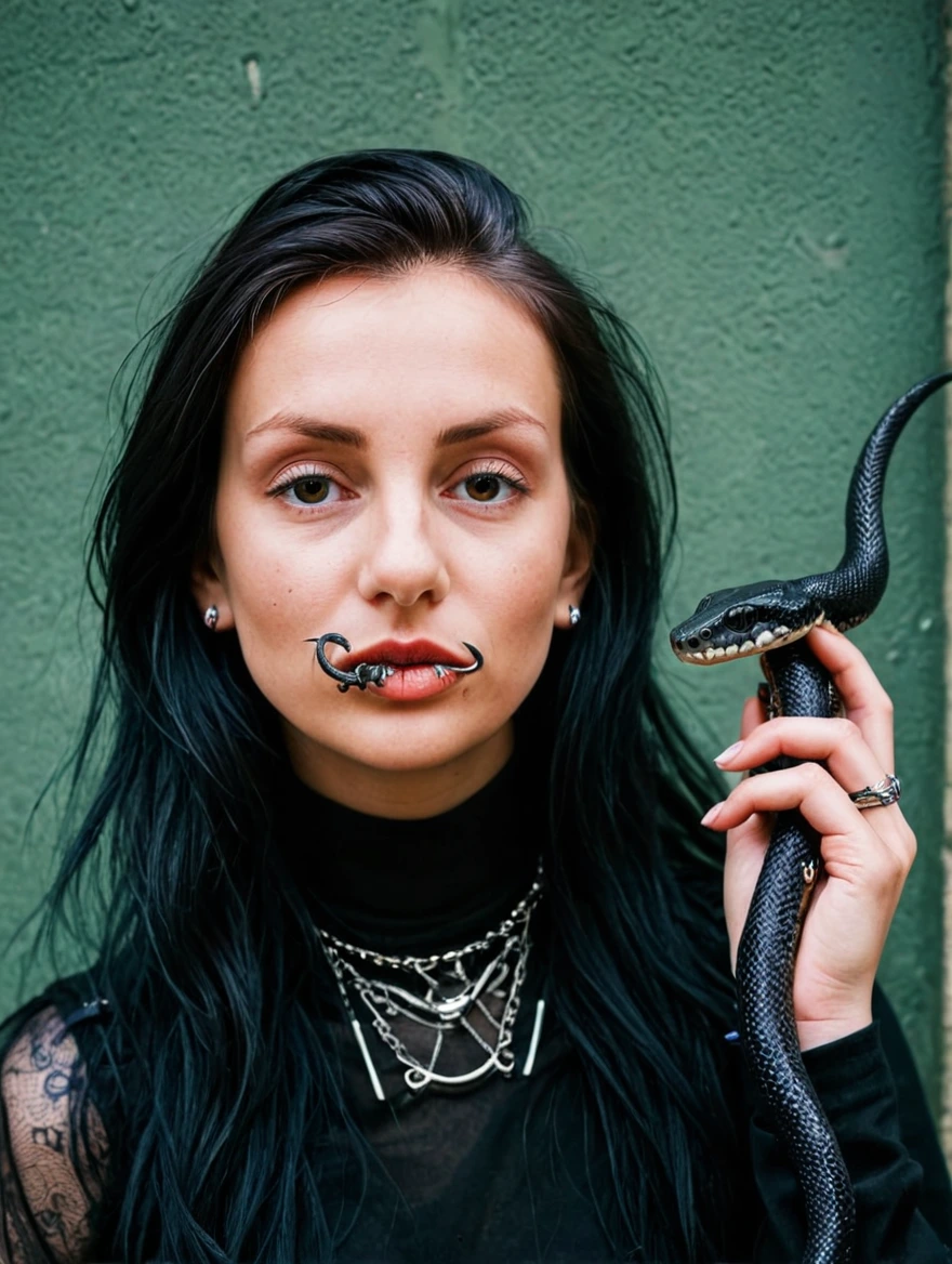 A female goth with piercings and a pet snake