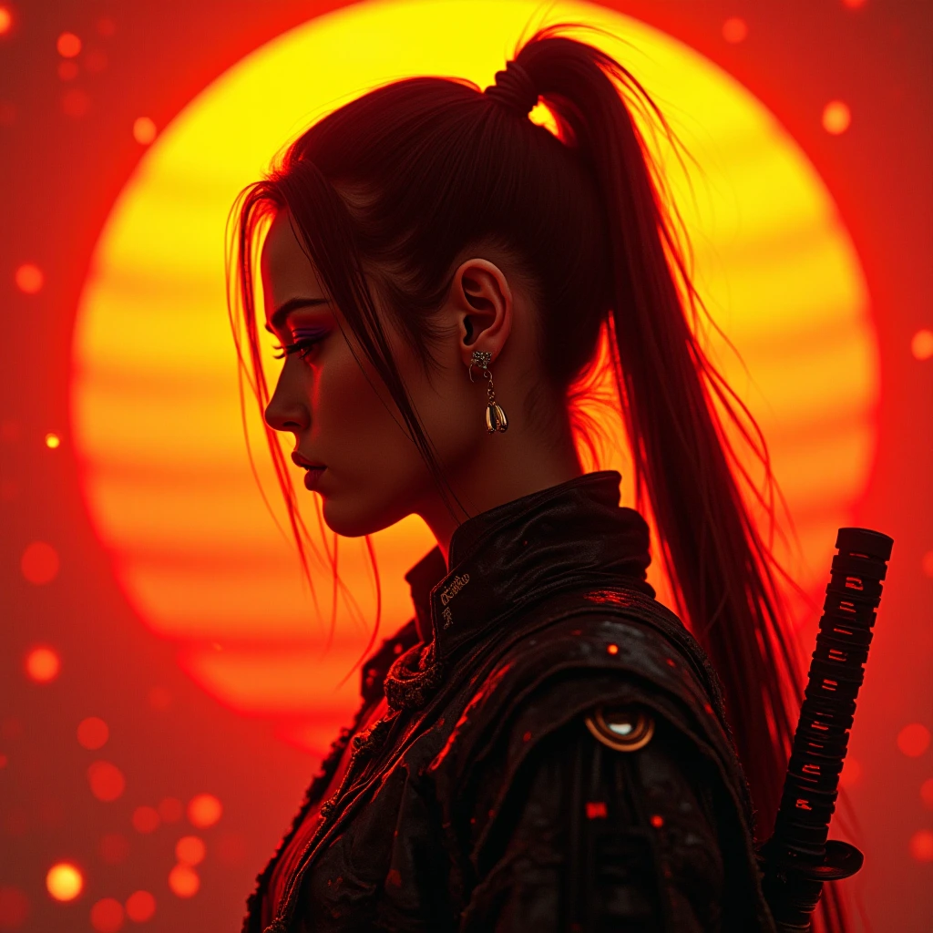 Female Cyberpunk Samurai in the style of datamoshing, VHS glitch, highly detailed, orange neon light, artifact effects, stylised orange sun backdrop