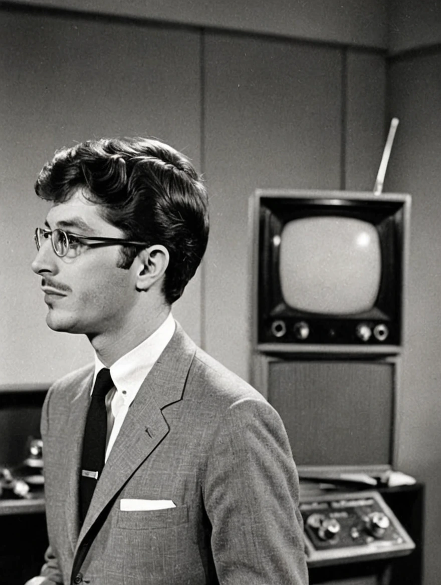 A male TV broadcaster from the 1960s