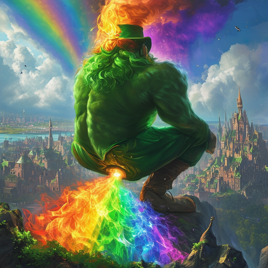 A colossal leprechaun above an emerald city bends over and shoots a rainbow vibrant wind fire from his buttocks