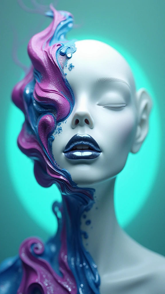 A surreal digital illustration of a stylized human face made up of abstract, fluid shapes, with a combination of smooth, flowing lines and sharp geometric edges. The left side of the face is formed by a mix of colorful, swirling voluminous glitter liquid pop shapes in shades of deep blues and purples, while the right side features a more rigid, white, sculpted form with minimalist features. The lips are bright silver and glossy, positioned centrally, creating a striking focal point. The background is a gradient that transitions from cool mint-green at the center to a darker indigo at the edges, giving a glowing effect behind the abstract face. The overall style is futuristic and artistic, with a strong emphasis on contrast and symmetry.