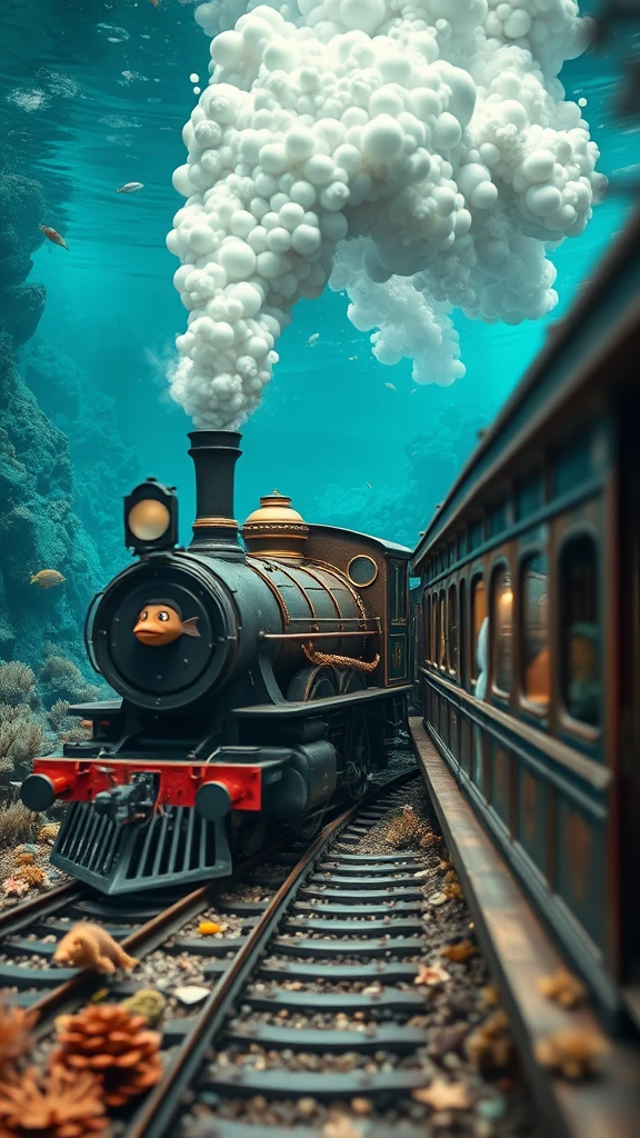 An underwater steam train, a flock of giant bubbles comes out of the chimney, the train driver is an anthropomorphic barb, the track is surrounded by coral and sea life, the train stops at a train station with sea life  boarding the wagons. side angle, tiltshift, long shot technique