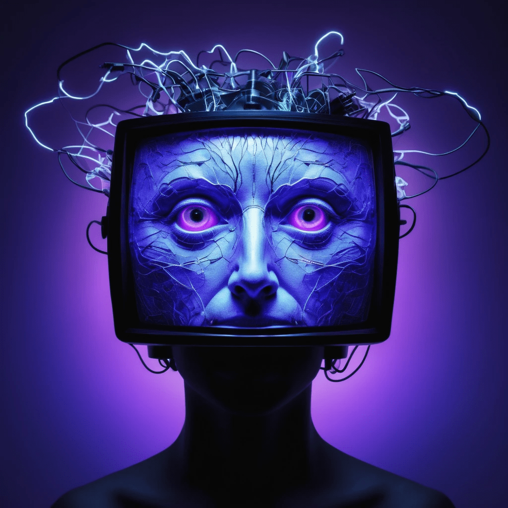 Fantastical, television head with electricity and ultra-violet light, dim lighting, otherworldly