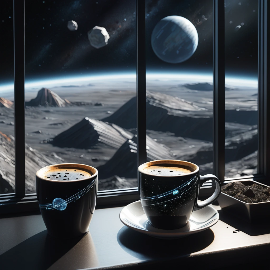 A detailed coffee cup by a window overlooks an asteroid's mining surface, featuring futuristic, infrastructure. The background is black, dotted with stars.