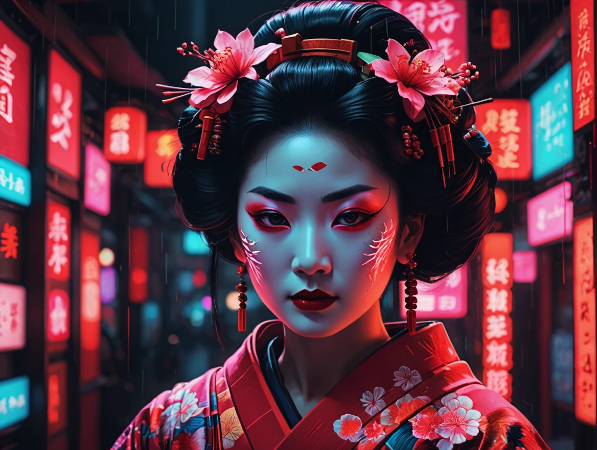 Geisha in the style of datamoshing , VHS glitch,highly detailed ,crimson neon light,artifact effects