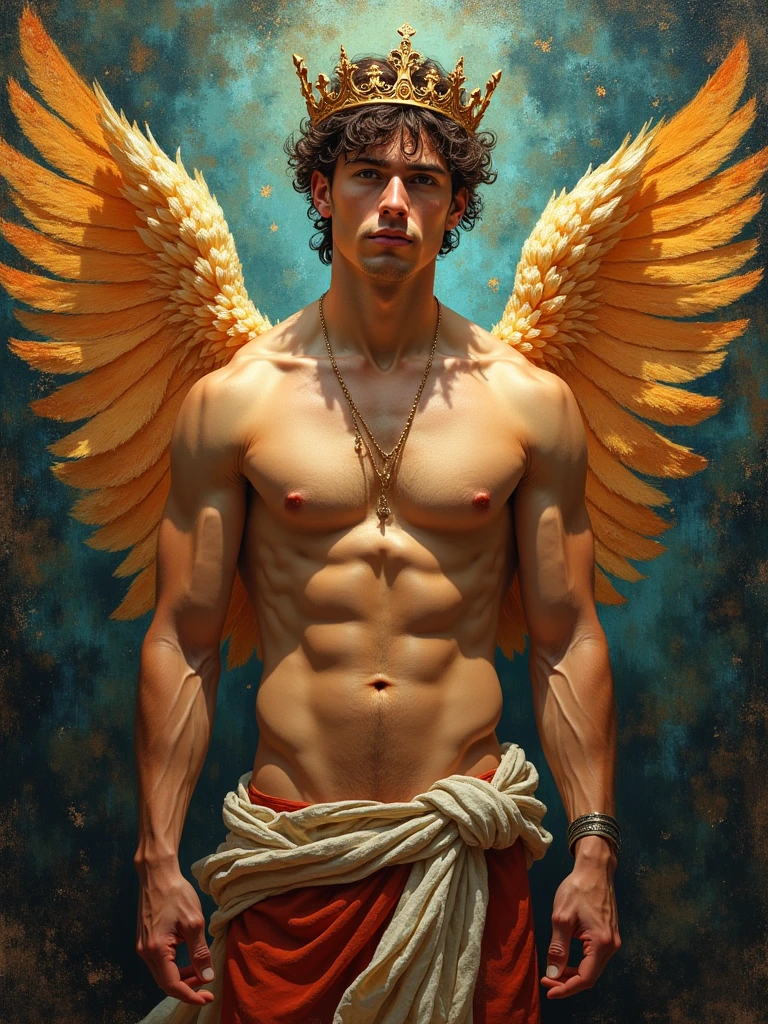 Regal angelical whimsical shirtless muscle male figures with a attractive expression, flanked by intricate flurry patterns and rich textures, painted with vibrant colors that seem to glow, creating a sense of depth and movement. The brushstrokes are precise and delicate, enhancing the ethereal attractive atmosphere of the scene. Bright highlights and deep shadows play together to emphasize the volumetric virile composition of the painting, drawing the viewer's eye towards the centered figure with an almost otherworldly presence.