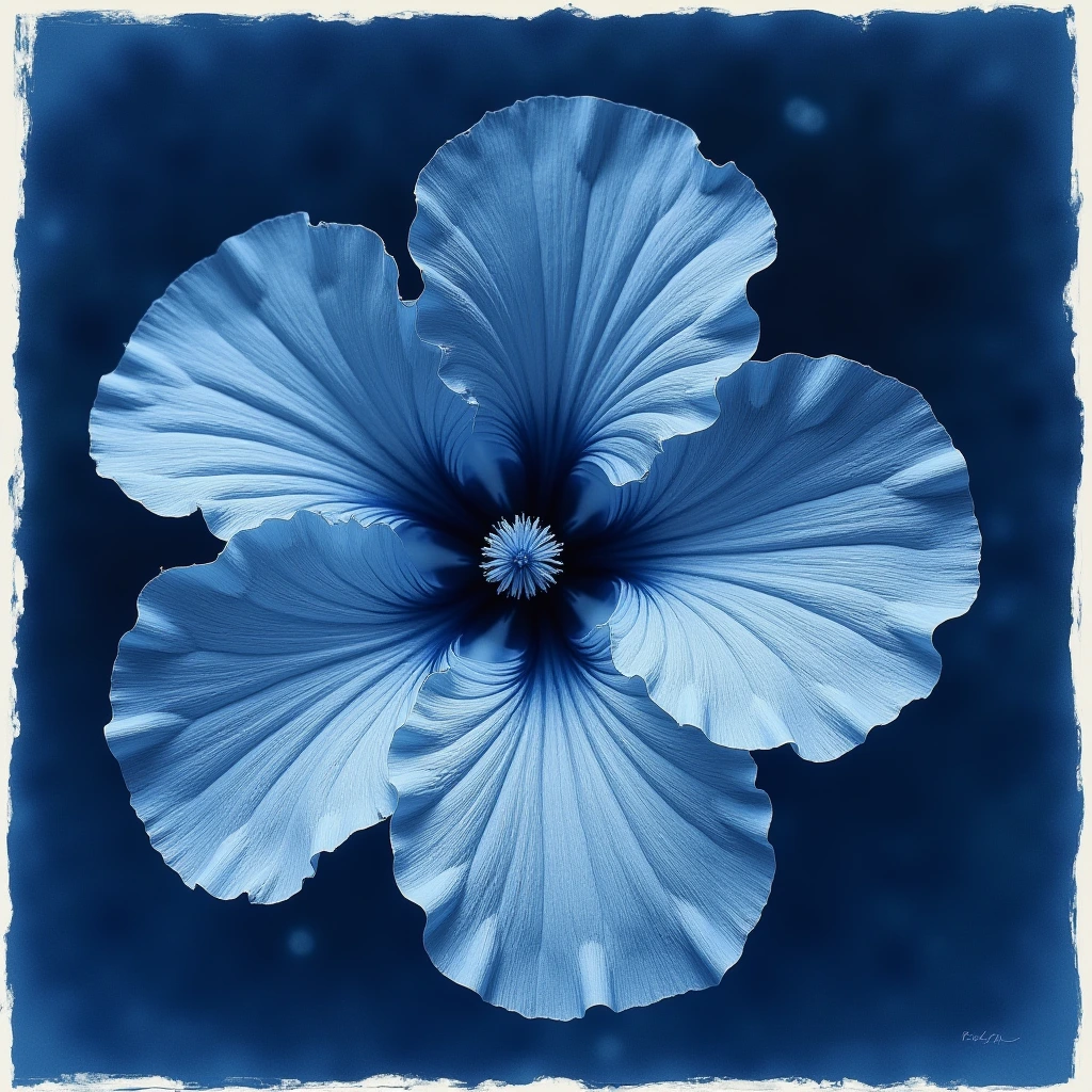 Zoomorphic hibiscus, macro photo in the style of Robert Crumb, Stanley George Miller, and Arnulf Rainer. Cyanotype photo