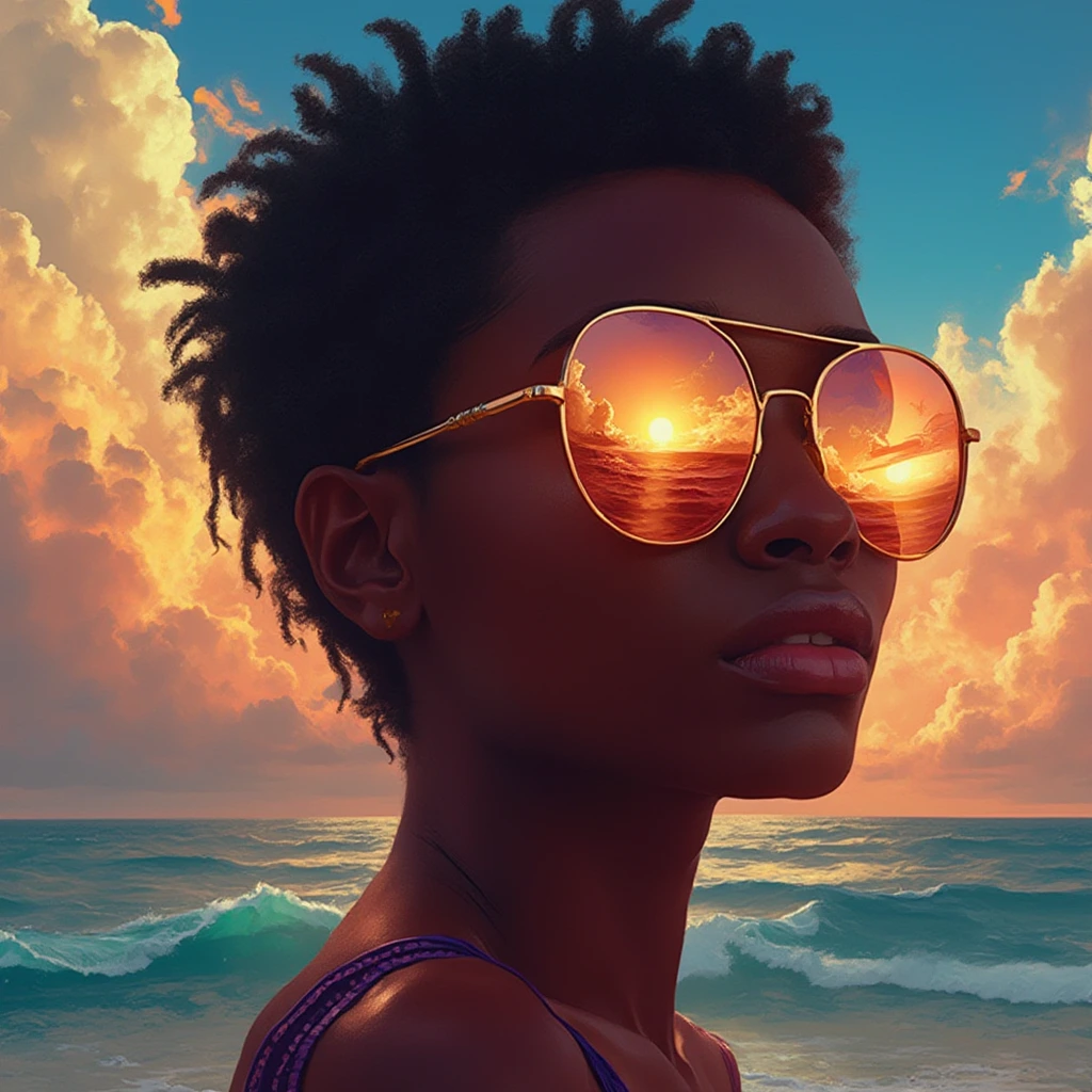 A hyper-realistic digital painting of an African woman with luscious full lips and short unkempt hair but in contrast stunningly gorgeous, adorned in round funky designer sunglasses reflecting the brilliant hues of a sunset cascading over the vast ocean. Her visage is intricately detailed, showcasing a blend of warm and cool tones set against a backdrop of dramatic, swirling clouds painted in enchanting shades of orange and blue. The scene exudes a surreal and dreamlike aura, accentuated by intense contrast and vivid colors, rendered in stunning 8K resolution.