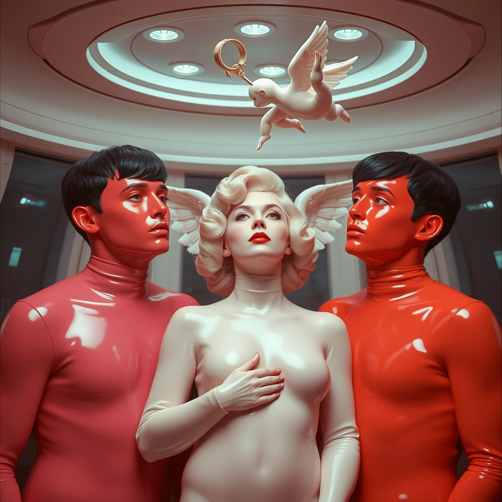 Three rubber latex bondage men lovers of Tropical Romance and torture games of kidnapping asphyxiation abducted by the rubber fat shiny milky flying cupid playing with a rubber shiny snowing snowing drag queen in a portrait shot of the starship USS Enterprise , Surreal Fashion lomochrome by Maurizio Cattelan, Asger Carlsen, minimalist collages, colorful realism, art nouveau inspiration, puffy shapes, otherworldly visions, precarious balance, baseline, doppler shift