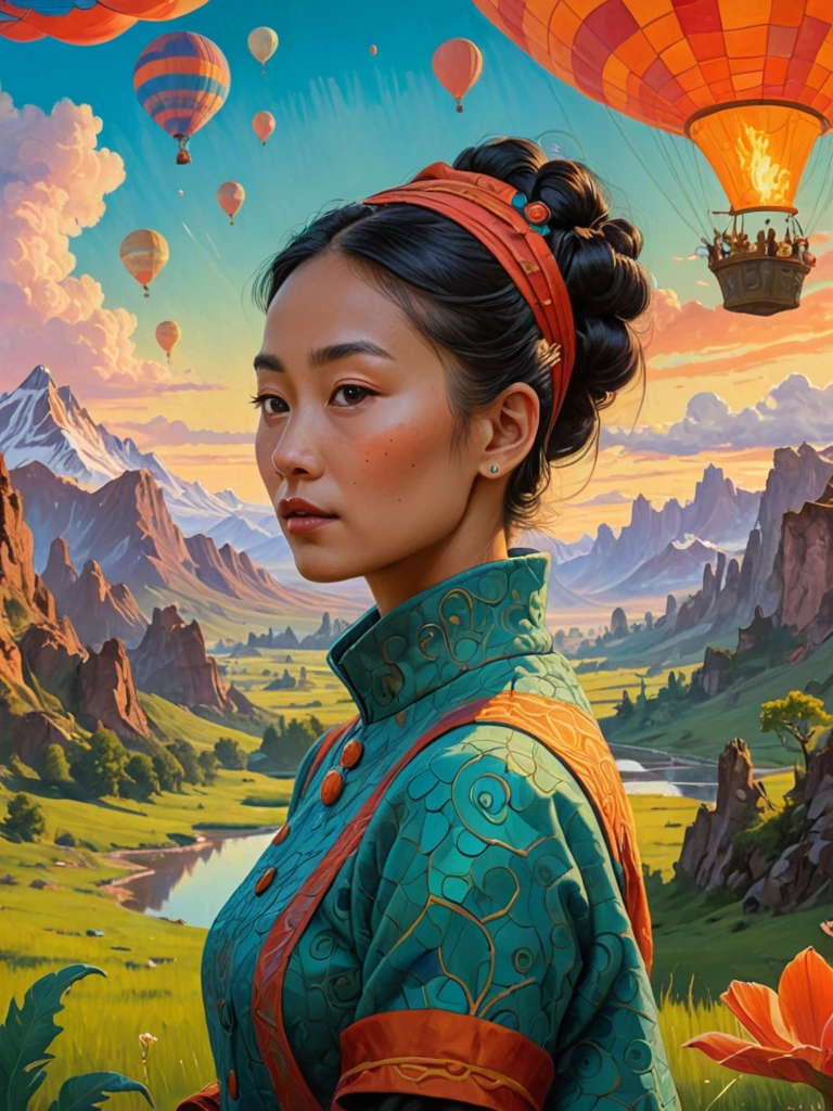 An ultra-detailed, textured oil painting by Gaugin, featuring a beautiful Asian woman, with lush, deeply colored incandescent hues of the dawn sky. Ornate style of Dr. Seuss, showcases a futuristic, meticulous surrealism creation with hexagonal tessellation, Voronoi Diagrams, and the Doppler effect. Utilizing the cutting-edge Octane Render technology, this artwork masterfully blends a whimsical scene inspired by Jakub Rozalski and Dr. Seuss, with elements of Salvador Dalí and Pablo Picasso.