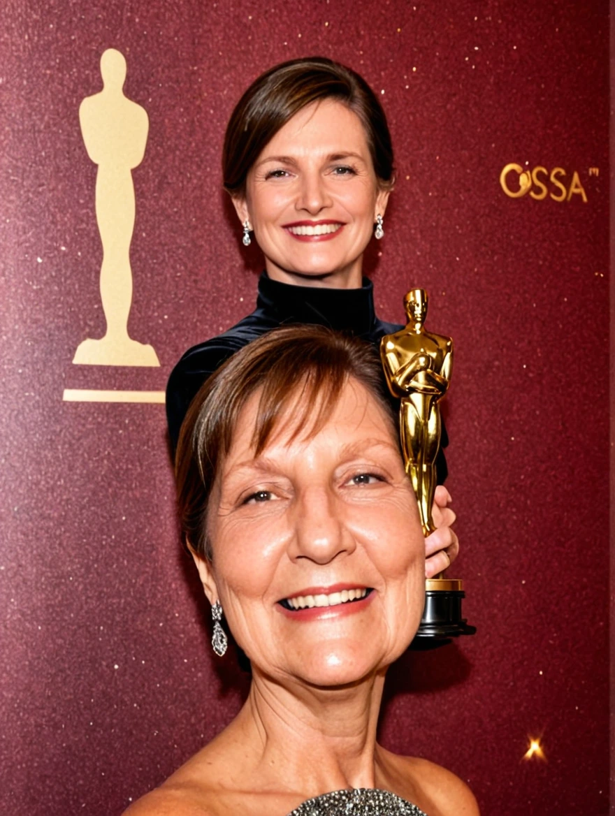 Woman wearing a glamorous dress winning an Oscar